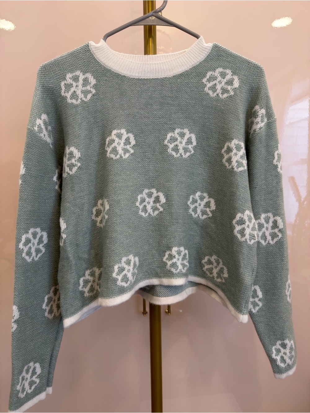 Floral Green Crewneck Sweater with White Trim